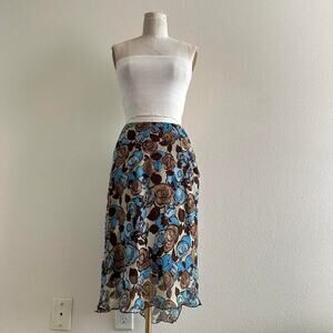 Vintage Y2K Zola 100% silk brown blue floral print midi skirt